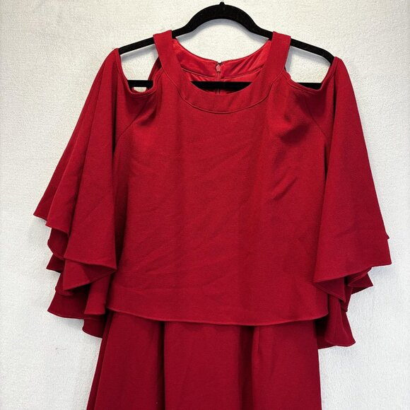 Adrianna Papell Red Flutter Party Dress Womens 16W Cold Shoulder Midi Cocktail - Picture 3 of 15